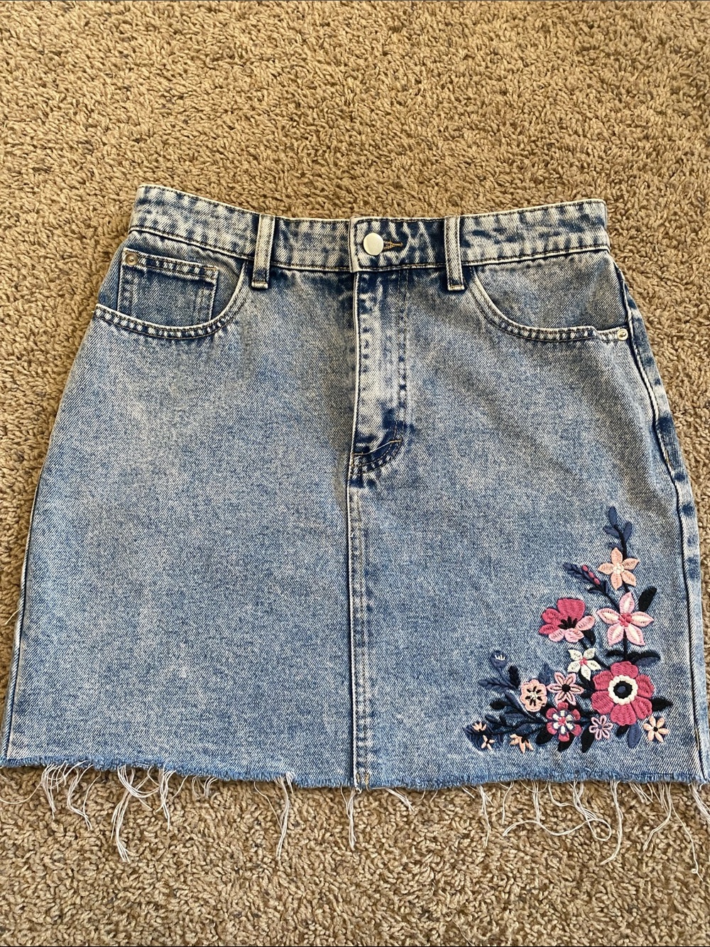 Audrey Parks Francescas Denim Mini Skirt with Embroidered Floral Accent